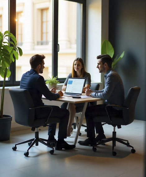 Equipo profesional trabajando en oficina moderna con tecnología y equipos biométricos, transmitiendo experiencia y confianza.